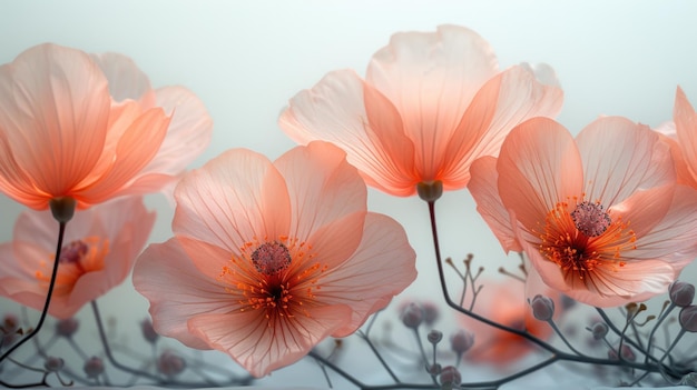 Translucent Coral Blossoms on Pale Blue