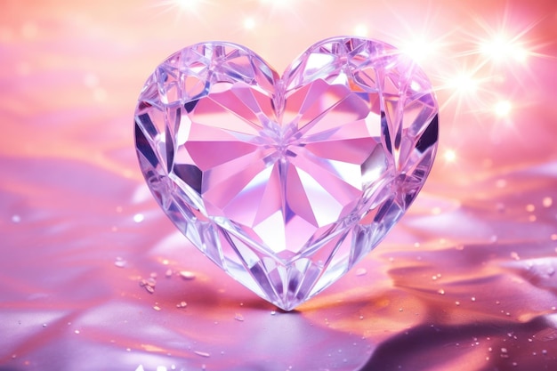 Translucent crystal heart radiating light on a dreamy pink backdrop