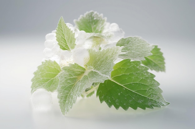 Translucent flower in frost on white background close up