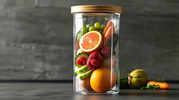 a translucent glass food container with wooden cap with fruit and veggies inside it Generative Ai