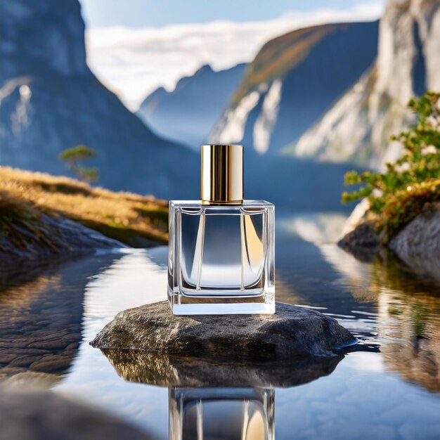 Translucent glass perfume bottle on a stone base