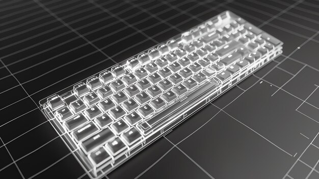 Photo a translucent keyboard on a black grid background the keyboard is slightly angled to the right