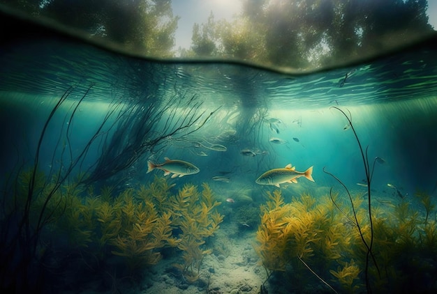 Translucent lake or freshwater ecosystem an uncommon underwater landscape