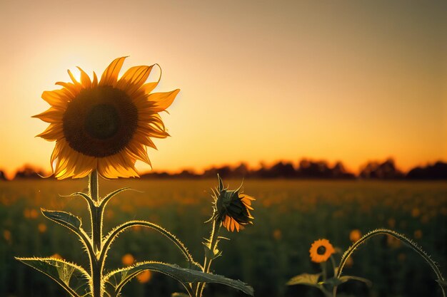 夕日の光線の中で細い茎の上に立つ半透明の孤独なひまわり