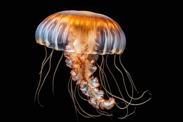 Translucent orange jellyfish closeup with delicate tendrils and vibrant hues