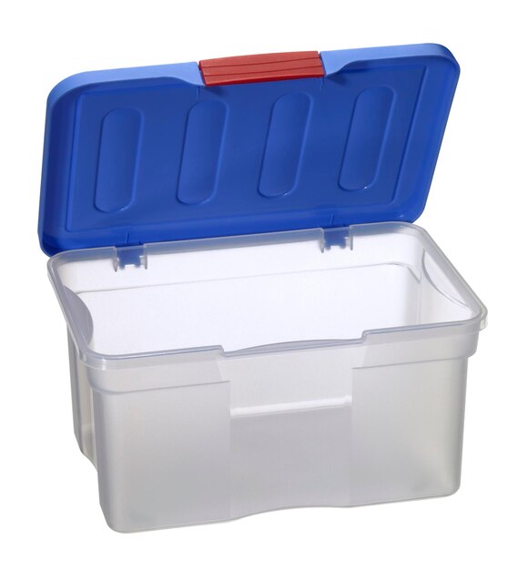 translucent plastic box with blue top