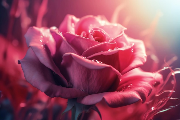 Foto la rosa rossa traslucida nelle gocce di rugiada da vicino