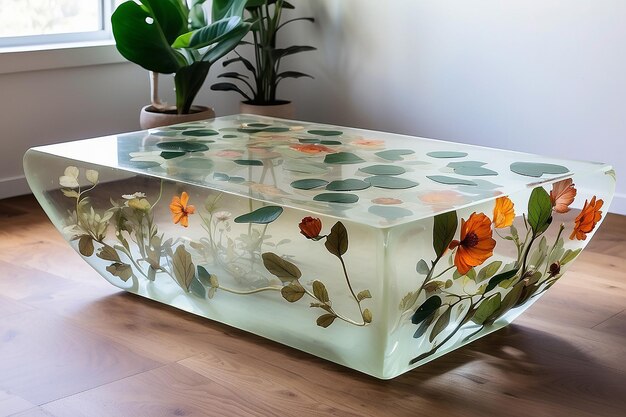 Photo translucent resin coffee table with embedded botanicals