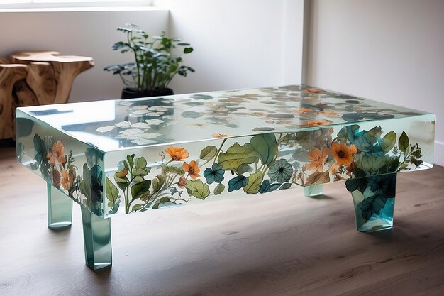 Photo translucent resin coffee table with embedded botanicals