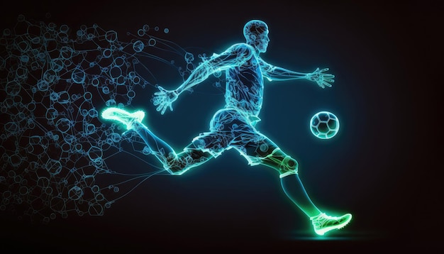 Полупрозрачный футболист бежит с мячом на темно-синем фоне красочный светящийся неоновый след