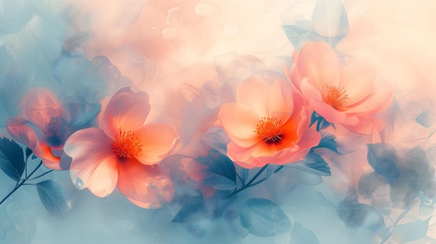 Translucent watercolor flowers with a gentle blue and pink gradient