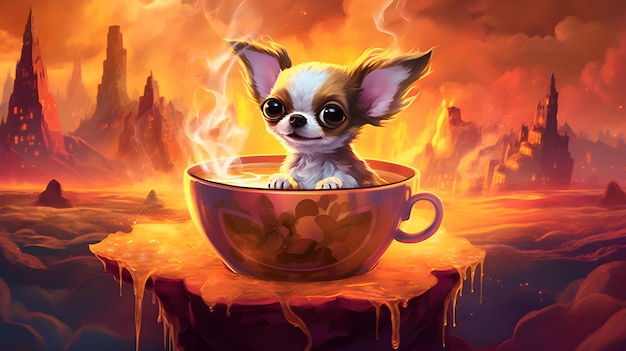 transneptunian CHIHUAHUA orbiting a steaming cup of hot lava cartoon highly detailed strange