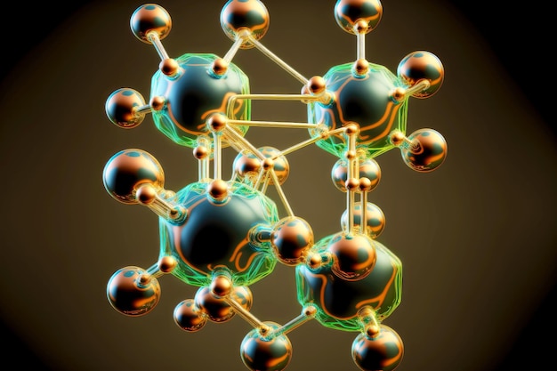 Foto transparant glanzend model molecuul close-up met atomaire bindingen