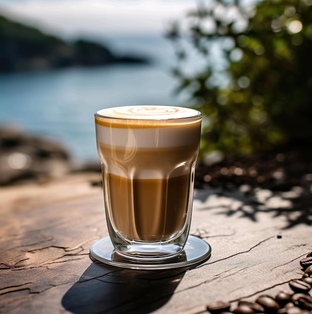 Transparant glass of coffee with ocean view