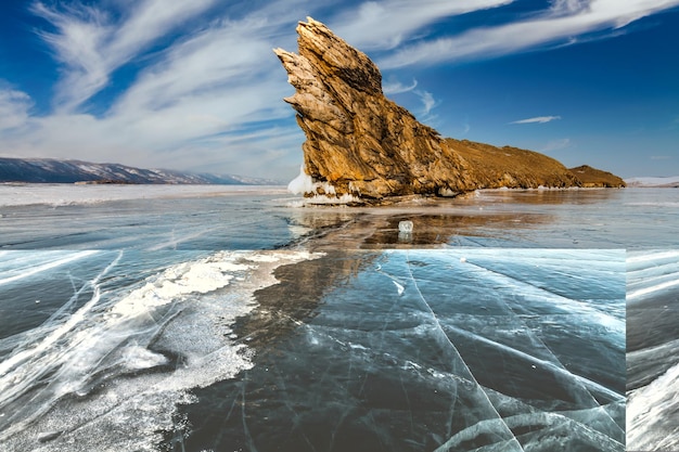 Transparant ijs op het Baikalmeer in de winter Siberië Rusland