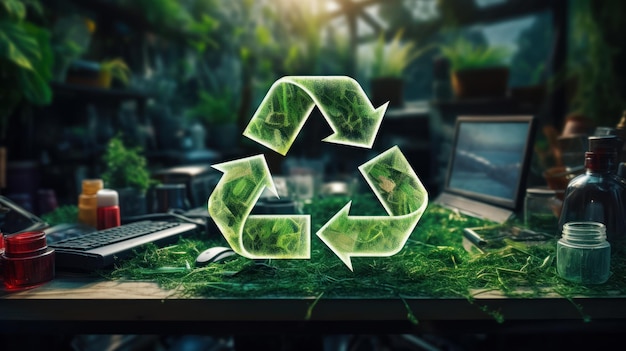 Transparant plastic recycling symbool op de achtergrond van de thuiswerkplaats van een ontwerper of kunstenaar Ecologische interactie en prioriteit van afvalrecycling Milieu-duurzaam ontwikkelingsconcept