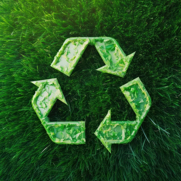 Transparant plastic recyclingsymbool op verse groene gras ecologische interactie en afvalrecycling