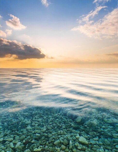 Transparant zeewater tot aan de horizon waar de lucht met zonsondergang