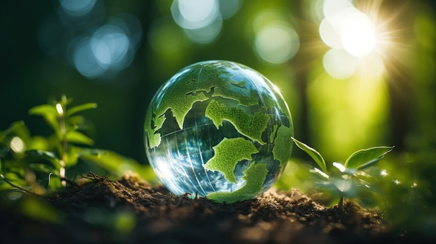 Transparante aardbol met groene plant op het tropische regenwoud Genereren van AI