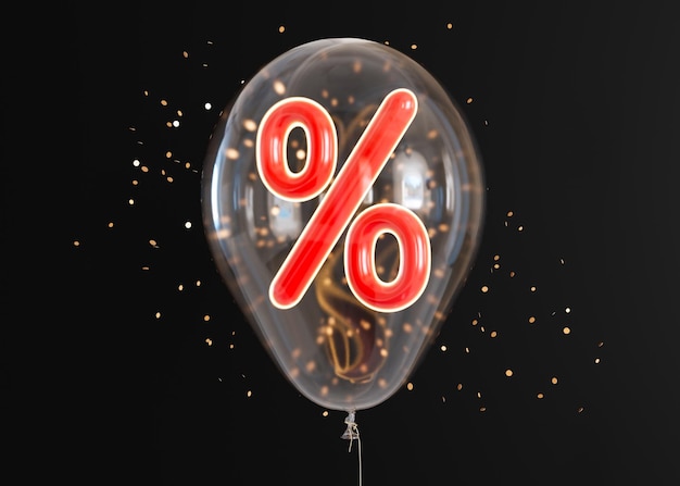 Transparante ballon met rood kortingsbord binnen en confetti op zwarte achtergrond Procentsymbool Verkoop speciale aanbieding goede prijs deal winkelen Uitverkoop promotie Percentage Black Friday 3D