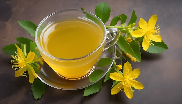 Transparante beker St. John's wort remedie drank met een bos verse Hypericum gele bloemen