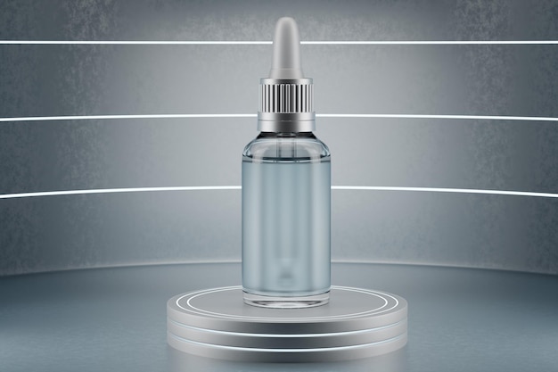 Foto transparante cosmetische fles op een grijze achtergrond product mockup met transparant matte label peptide anti-aging serum cosmetische mockup biofiel concept front view verticale 3d-rendering