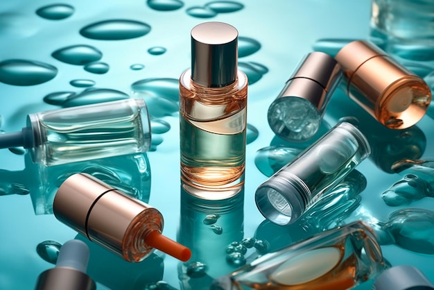 Transparante cosmetische parfumflessen op blauwe water achtergrond Geneartive AI