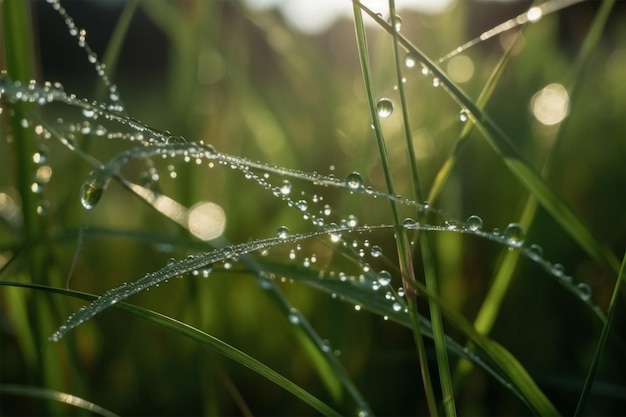 Transparante druppels dauw in het gras in de zomer