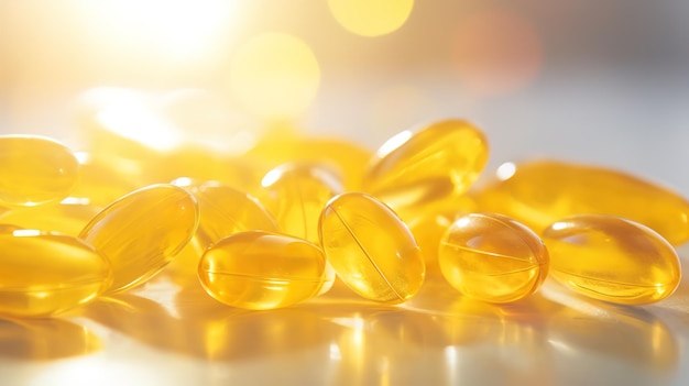 Transparante gele vitamines op een lichte achtergrond Vitamine D omega 3 omega 6 Voedingssupplementolie