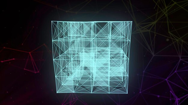 Transparante geometrische vormbeweging een donkere achtergrond waarop een dun wit vierkant uit het raster staat
