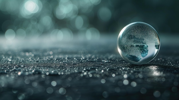 Transparante glazen bol die een blauwe wereld weerspiegelt op een gestructureerd oppervlak