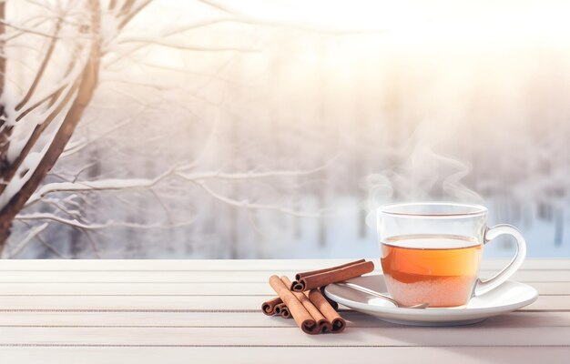 Transparante kop thee en kaneel stokjes op houten tafel