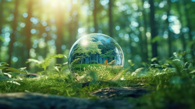 Transparante kristallen bol in een groen bos gevuld met zonlichtgras en bomen worden weerspiegeld in t