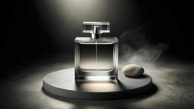 transparante mockup fles parfum elegant geplaatst op een slanke stenen plaat