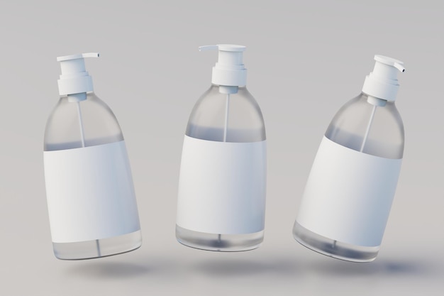 Transparante plastic pomp fles Mock Up vloeibare zeep Shampoo Dispenser meerdere flessen 3D-rendering