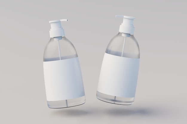 Transparante plastic pomp fles Mock Up vloeibare zeep Shampoo Dispenser twee flessen 3D-rendering