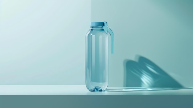 Transparante plastic waterfles met een blauw deksel op een blauwe achtergrond De fles is half vol water