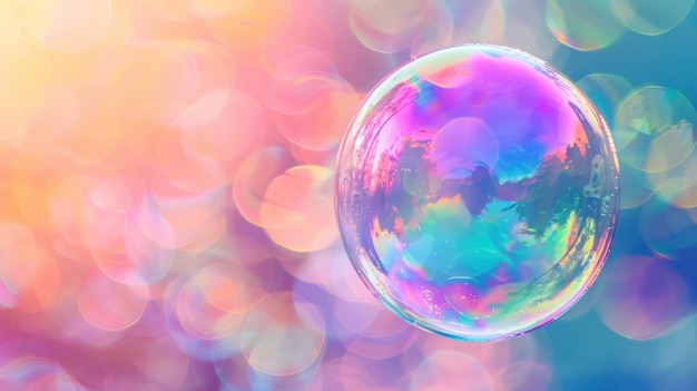 Transparante regenboog Iridescente zeepbel op veelkleurige wazige achtergrond AI gegenereerde afbeelding