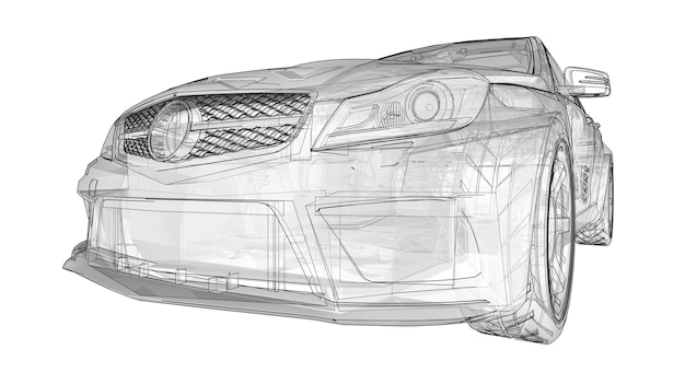 Transparante supersnelle sportwagen afgebakende lijnen op een witte achtergrond. Carrosserievorm sedan. Tuning is een versie van een gewone gezinsauto. 3D-rendering