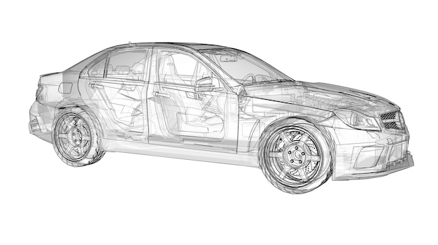 Transparante supersnelle sportwagen afgebakende lijnen op een witte achtergrond. Carrosserievorm sedan. Tuning is een versie van een gewone gezinsauto. 3D-rendering.