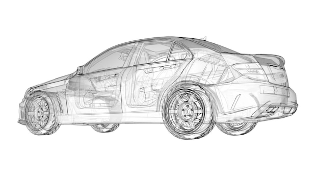 Transparante supersnelle sportwagen afgebakende lijnen op een witte achtergrond. Carrosserievorm sedan. Tuning is een versie van een gewone gezinsauto. 3D-rendering.