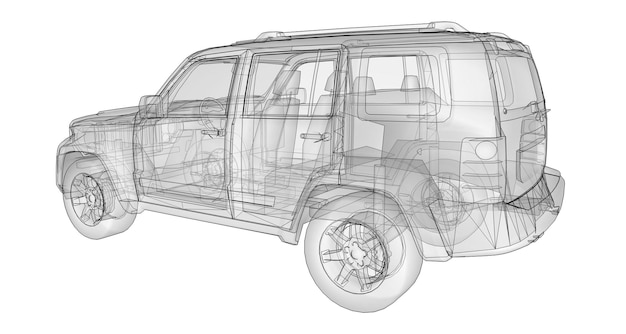 Transparante suv met eenvoudige rechte lijnen van het lichaam. 3d-rendering.