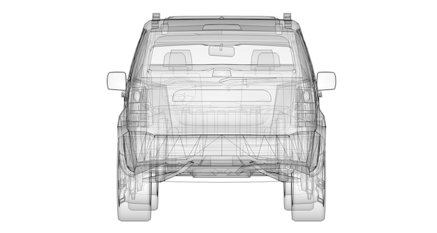 Transparante SUV met eenvoudige rechte lijnen van het lichaam. 3D-rendering.