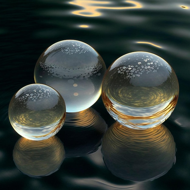 Transparante waterbollen tegen een verbluffende achtergrond van bergen en waterreflectie