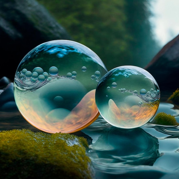 Transparante waterbollen tegen een verbluffende achtergrond van bergen en waterreflectie