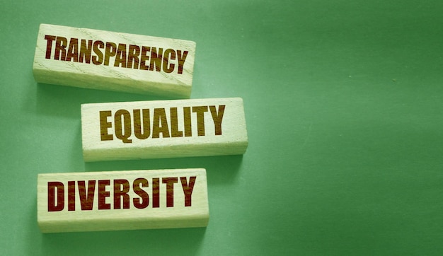 Transparency Equality diversity words on long wooden blocks on black background Equality concept by gender ethnicity and age