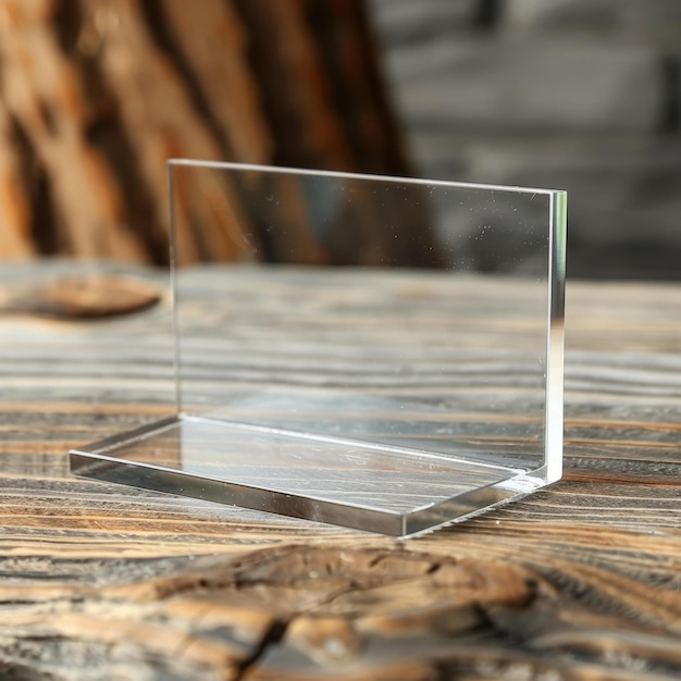 Transparent acrylic sign mockup on wooden table