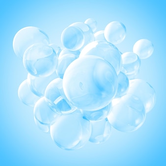 Bolle d'aria trasparenti raccolte insieme al centro su uno sfondo azzurro