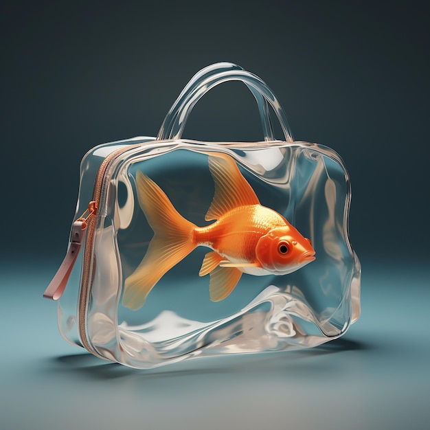 a transparent bag with a goldfish in it