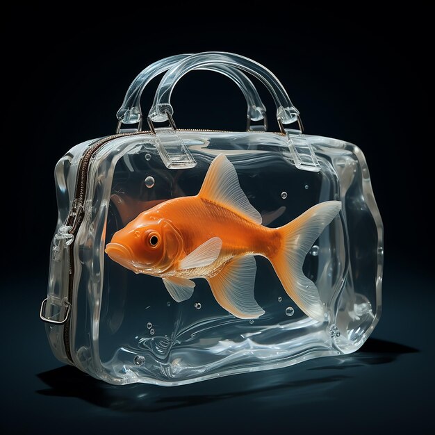 a transparent bag with a goldfish in it